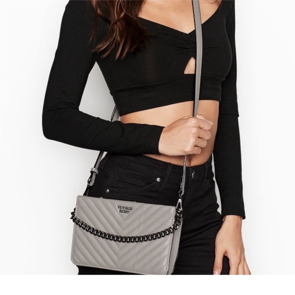 Victoria's Secret Pebbled V-Quilt 24/7 Crossbody Bag in gray